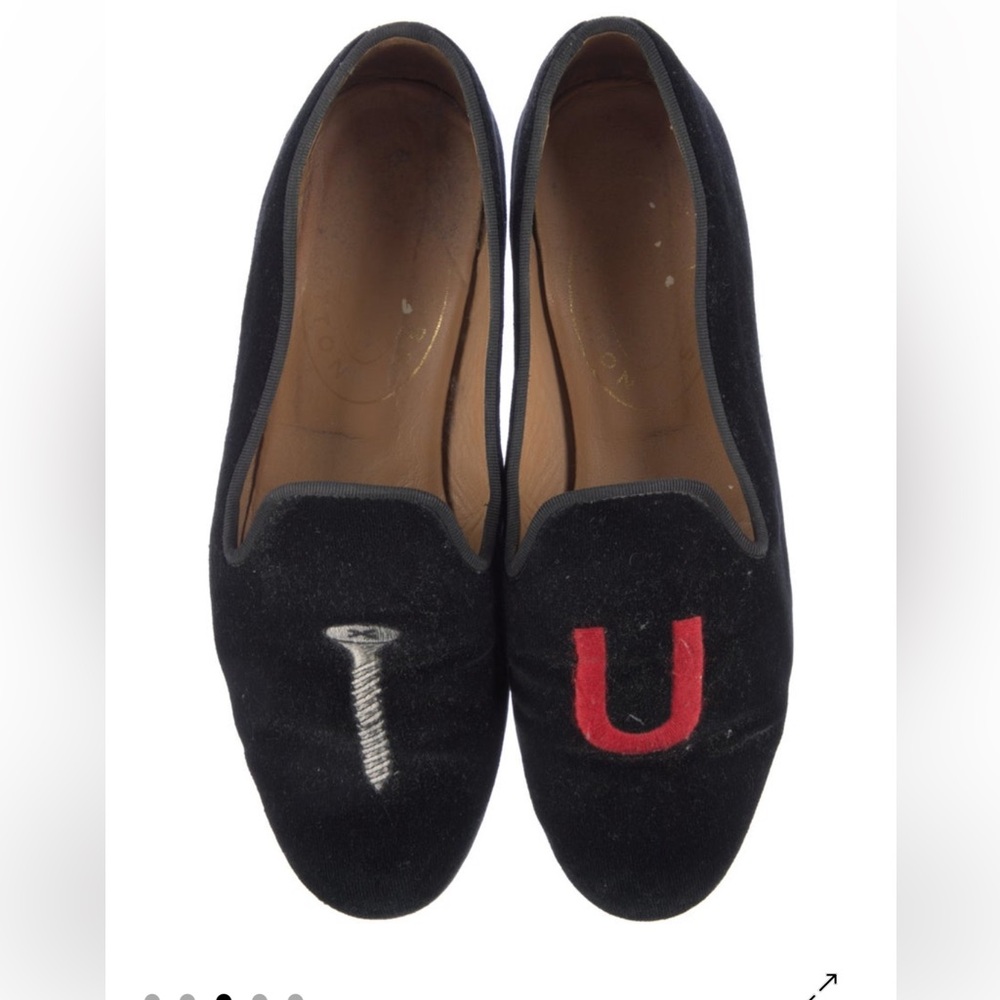 Stubbs & Wootton Black Velvet Slip-On Loafers with Red and Silver Embroidery
